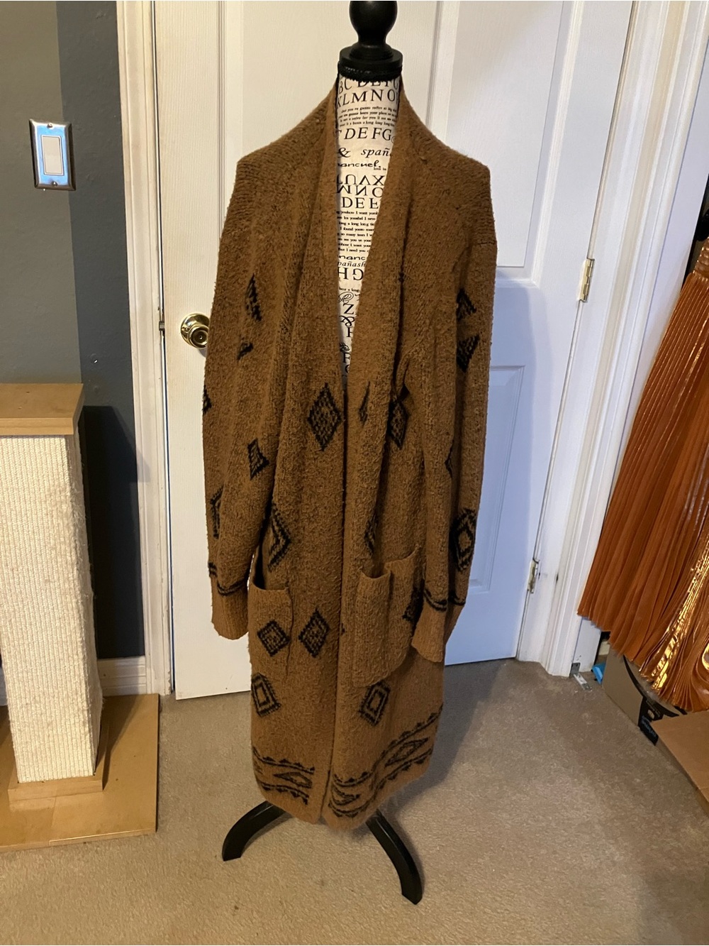 No Boundaries Brown Open-Front Geometric Long Cardigan